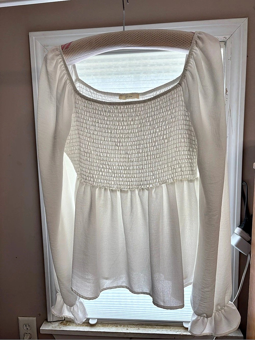 RJ 220 Smocked Long Sleeve Blouse in White